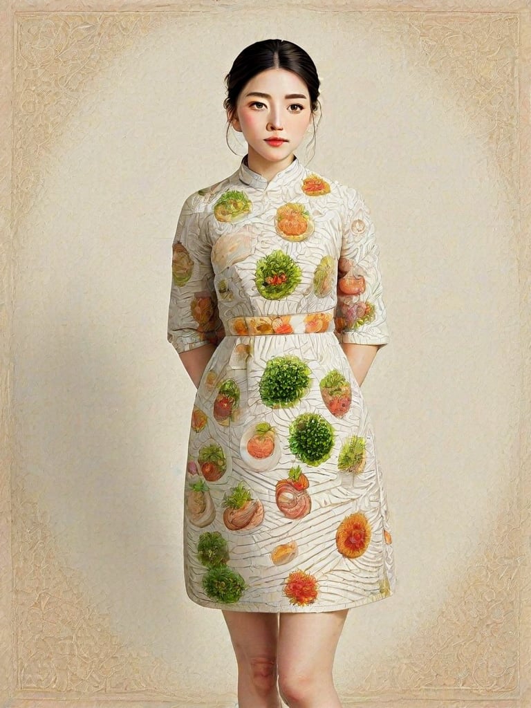 The image is an artistic representation of a female figure wearing a unique outfit. The outfit is a pencil dress that are designed to resemble a variety of the  Vietnamese white noodles, vegetables, meat, and sauces, arranged in a pattern that covers the entire garment. The figure is standing against a plain background with a textured appearance. Notable features include the detailed depiction of the food items on the clothing and the signature of the artist at the bottom right corner. The overall impression is one of creativity and fashion, blending the concept of clothing with culinary art.,Enhanced Realistic,Pho