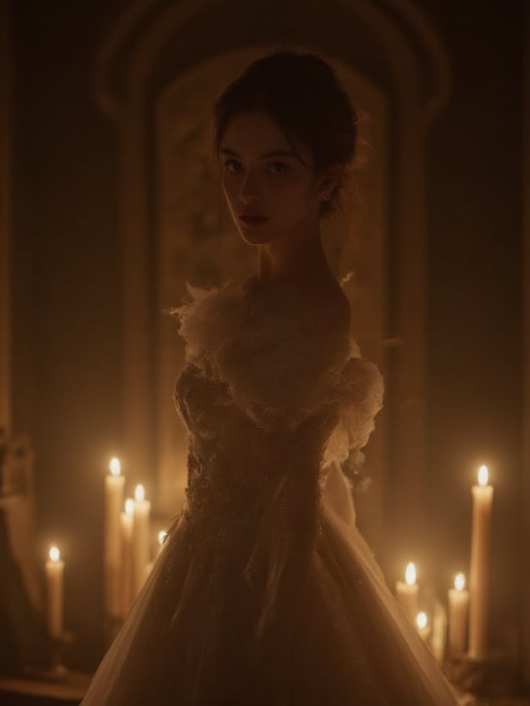 A majestic princess standing in a dimly lit chamber, surrounded by the soft glow of candles. Her regal figure emerges from the shadows, her porcelain skin illuminated by the gentle light. The flickering flames cast a warm ambiance, highlighting the delicate features and striking pose of the princess as she stands tall, bathed in an air of mystery and elegance.