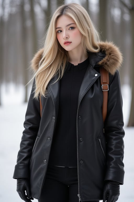 Captured at eye-level, a blonde woman stands in a winter scene, her hair cascades over her shoulders. She is dressed in a black leather jacket, a brown leather backpack, and black gloves. Her coat is adorned with a brown fur hood, adding a touch of warmth to her outfit. The background is blurred, creating a stark contrast to the woman's outfit.