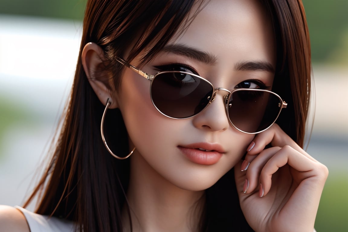 masterpiece, (best quality:1.4), ultra-detailed, 1 girl, 22yo, wear daily elegant outfit, close up perfect face, outdoor, sunglasses, dramatic lighting, high resolution, genuine emotion, wonder beauty,