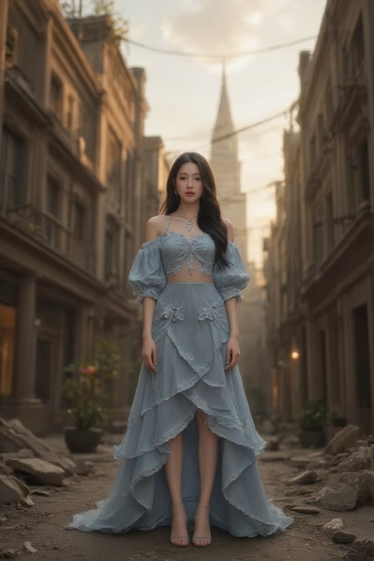 A cinematic photo of a stunning model dressed in light blue with open shoes, luxury dress, in the style of multi-layered textures, ornamental details, gothic core, highly detailed, photorealism, attractive and gorgeous beauty, while standing dominantly and confidently in a desolate place. , dark post-apocalyptic cityscape, capturing the stark juxtaposition of beauty and decay, with the model's perfect skin shining like a beacon of hope amidst the devastated cityscape. Photographed with a focused depth of field to blur the gloomy surroundings, emphasizing her striking, rebellious pose. full body, golden hour.