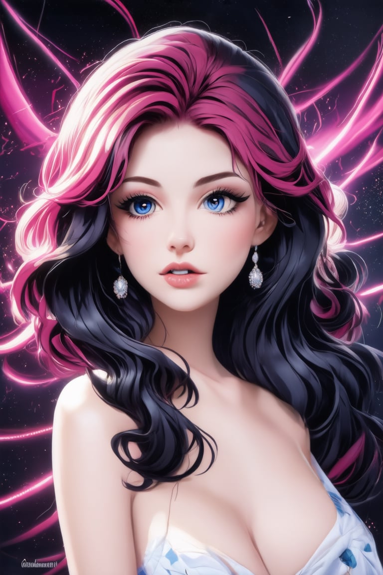 A captivating portrait of a mix black and pink medium hair style with luscious, big wavy locks framing her radiant face. Behind her, a vibrant digital abstract visuals adds a pop of color to the serene atmosphere.,Enhance,Realistic Enhance,Cartoon