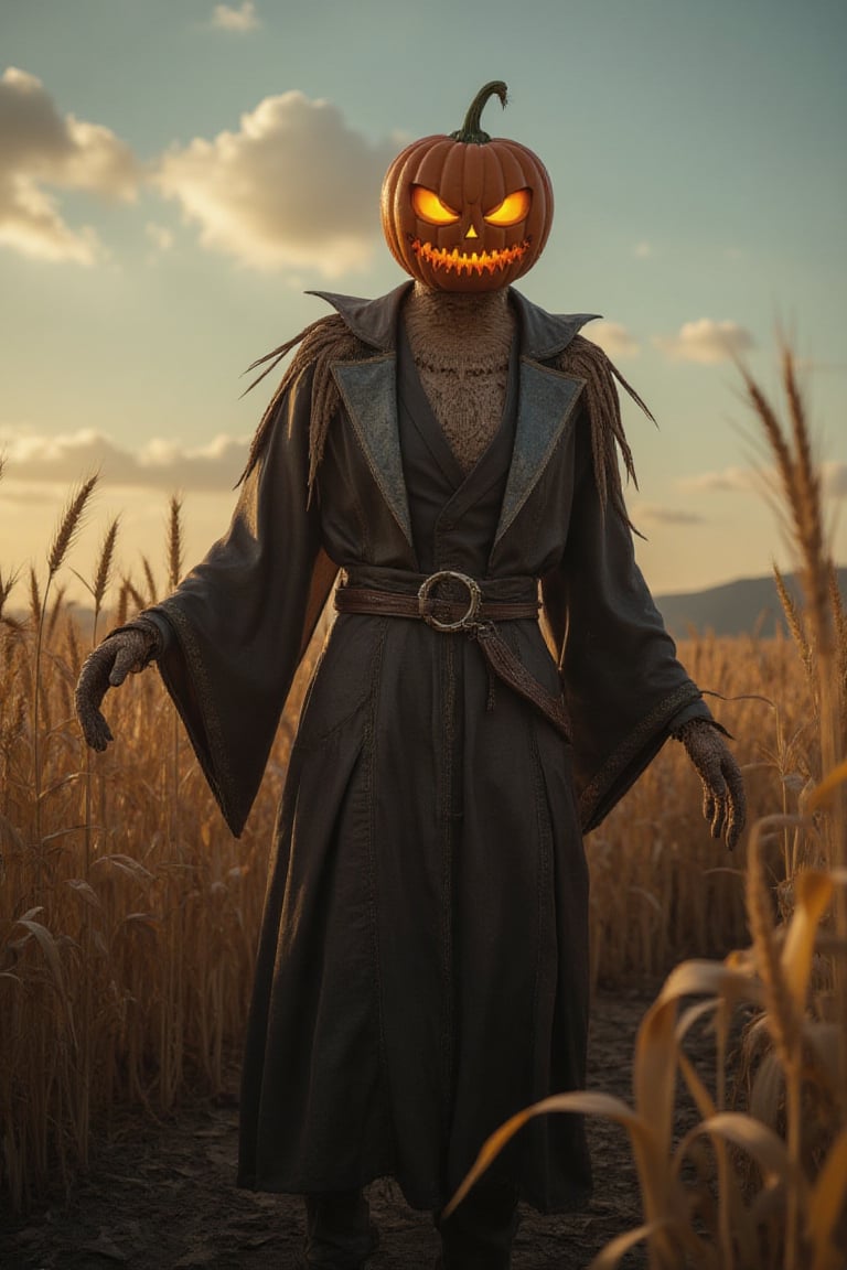 In a desolate wheat field, where nature's decay meets an eerie glow, stands the majestic scarecrow wizard. Pumpkin head aglow with volumetric light, his piercing eyes seem to pierce the darkness. Intricate details of worn leather and rusted metal adorn his tattered robes. The air is heavy with an ominous atmosphere as he surveys his kingdom, his very presence seeming to command the land. Rendered in 64k ultra-high definition, every texture meticulously illustrated, a testament to the masterful artistry of ek_art_b00ster.,wonder beauty,hot body