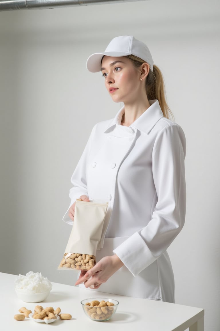 a woman in a white chef's uniform is standing in a kitchen, holding a bag of peanuts in her hands. She is wearing a white cap on her head, and a white long-sleeved button-down shirt. Her blonde hair is pulled back in a ponytail, and she is looking to the left side of the frame. In front of her, a white table is covered in a variety of peanuts, including a small bowl of peanuts and a few more peanuts. To the left of the table, a small glass container is filled with a white substance, adding a pop of color to the scene. The walls of the kitchen are white, and the ceiling is adorned with metal pipes.,Perfect fashion