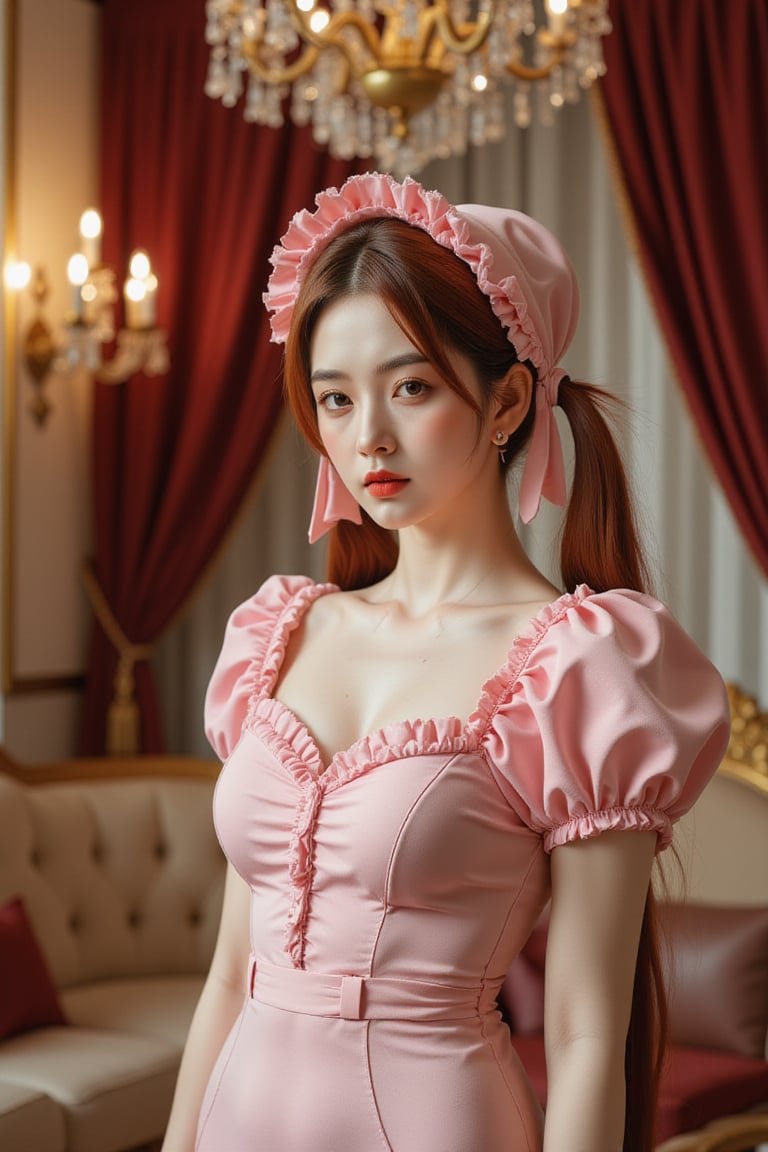 A young woman with vibrant red hair, standing confidently amidst opulent surroundings, where gold accents and rich fabrics harmonize with her calm presence. Strong lighting casts a warm glow on her porcelain skin, highlighting the delicate features as she strikes a pose in a provocative fusion of styles. A pastel pink onesie adorned with frills and a delicate bonnet adds a touch of whimsy to her outfit, juxtaposing against the lavish backdrop's velvet drapes and ornate chandeliers. The soft focus creates a sense of intimacy, capturing the quiet beauty of this moment.