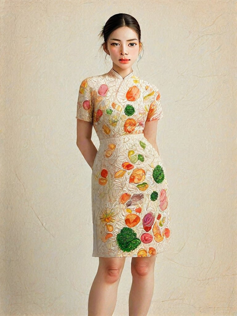 The image is an artistic representation of a female figure wearing a unique outfit. The outfit is a pencil dress that are designed to resemble a variety of the  Vietnamese white noodles, vegetables, meat, and sauces, arranged in a pattern that covers the entire garment. The figure is standing against a plain background with a textured appearance. Notable features include the detailed depiction of the food items on the clothing and the signature of the artist at the bottom right corner. The overall impression is one of creativity and fashion, blending the concept of clothing with culinary art.,Enhanced Realistic,Pho