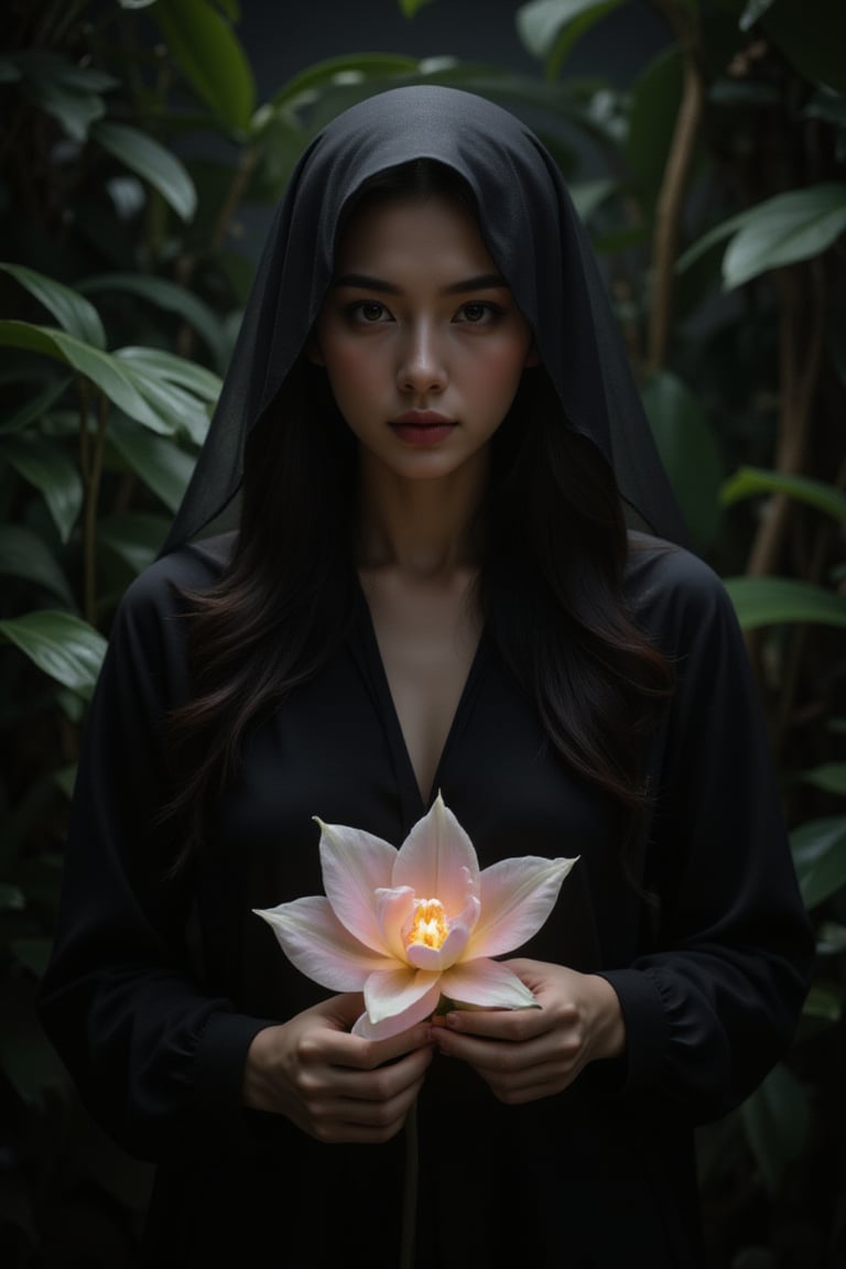 In the style of Caravaggio's tenebrism, a photorealistic portrait captures an Amazonian woman's enigmatic presence. Cloaked in black, she holds a luminescent orchid, its ethereal glow her only light source. From a 'bug's-eye view', her piercing gaze meets ours across an infinite void, exuding mystery and allure.