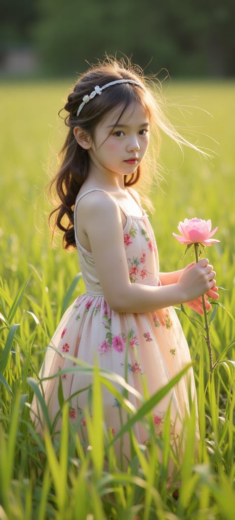 Ultra HD cinematography captures the tender moment: a young girl,  adorned in a flowing soft floral dress,  gently grasps...