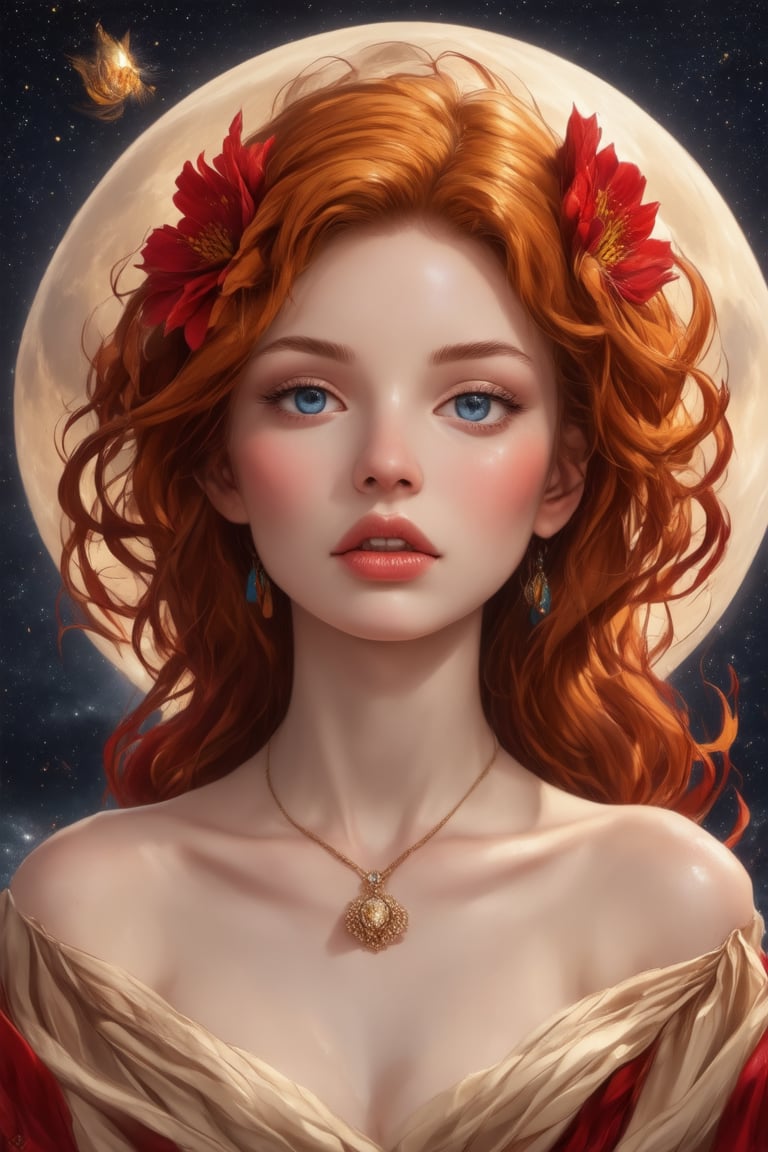 (1girl, face focus, medium shot, gracefully, golden petals and red flowers form intricate patterns against the backdrop of the moon, reminiscent of the styles of Yoann Lossel, Cyril Rolando, Nan Goldin, Lee Bontecou, and Loish), Detailed texture, High quality, High resolution, High precision, Realism, Color correction, Proper lighting settings, Harmonious composition, Behance Works,detail-rendering,Watercolor,Realistic Enhance,redhead