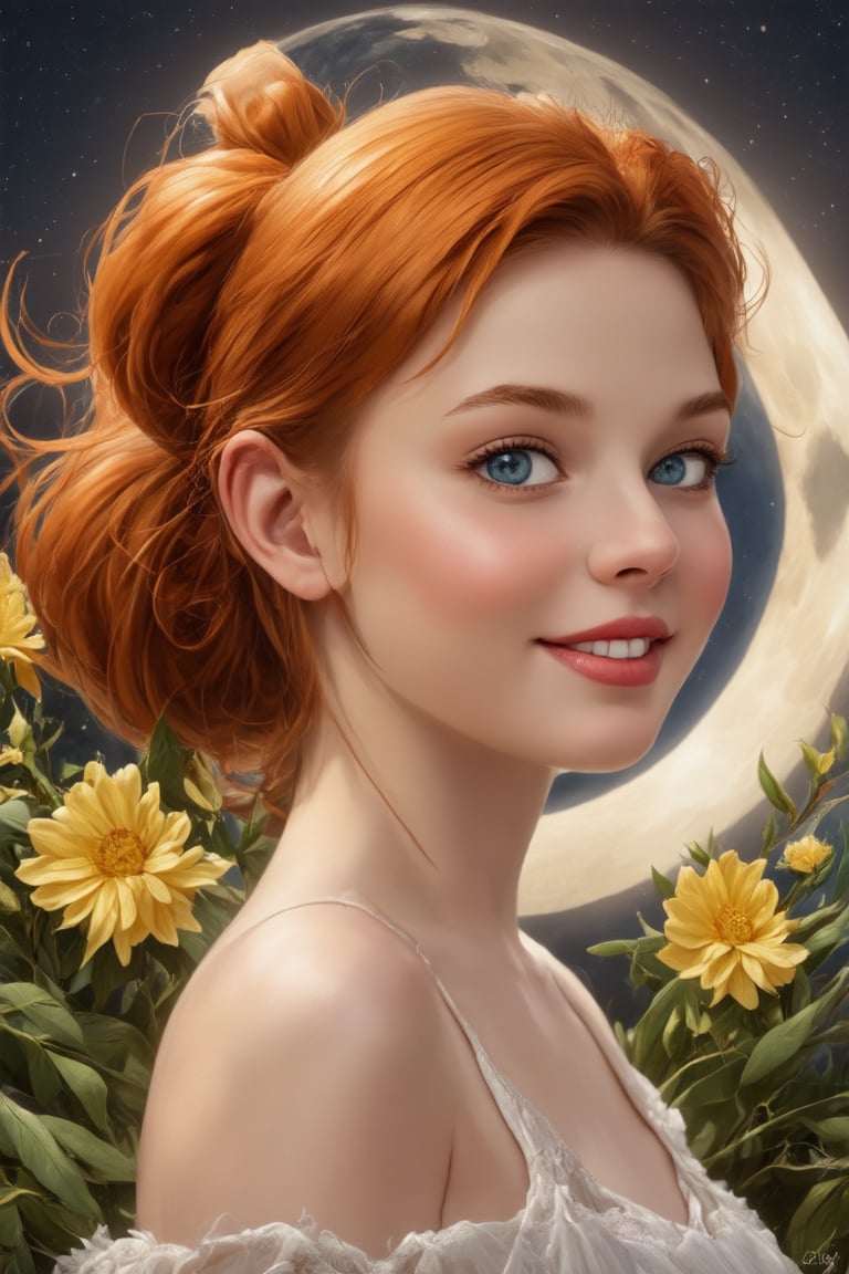 (1girl, smile, face focus, bun hair, perfect face, medium shot, gracefully, golden petals and green flowers form intricate patterns against the backdrop of the moon, reminiscent of the styles of Da Vinci), Detailed texture, High quality, High resolution, High precision, Realism, Color correction, Proper lighting settings, Harmonious composition, Behance Works,detail-rendering,Realistic Enhance,redhead