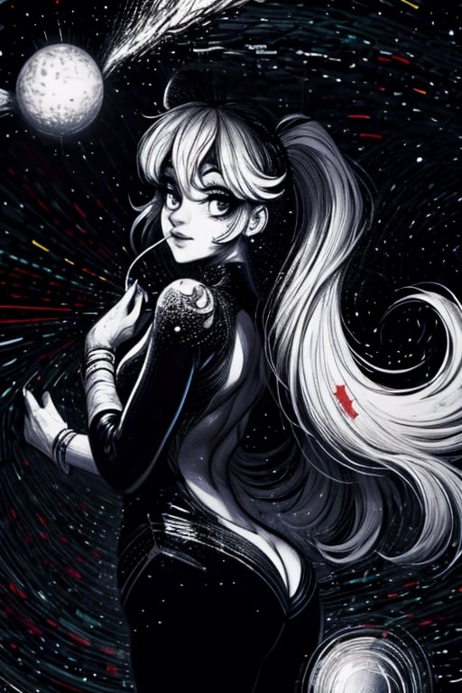 a detailed photo of a pretty girl with cosmic stars in her and colorfull cosmic back ground,Monster,pturbo,aw0k euphoric style,LinkGirl,Movie Still,detailmaster2,High detailed ,monochrome,EpicArt,Color magic,sketch,perfecteyes,greyscale,Saturated colors,Color saturation ,ink,xjrex,Exe,manga panel