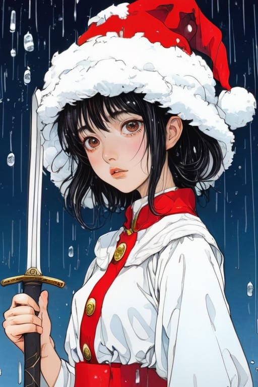 (style of Shintaro Kago:1.3) 
(masterpiece,best quality:1.5),
Band collar shirt,santa_hat,santa_costume, The Oracle of Delphi,Raining, \sword maiden (goblin slayer)\,aw0k euphoric style, 32 year old girl