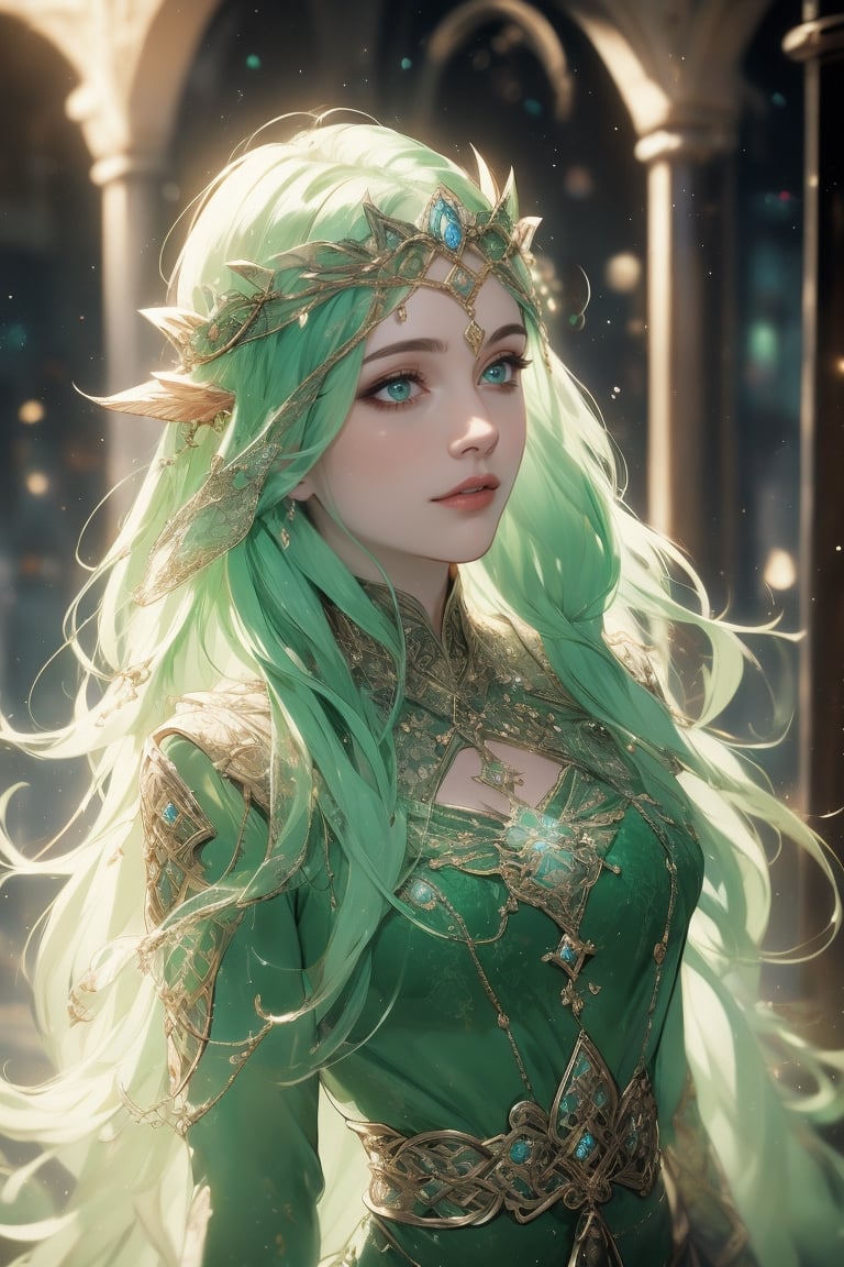 A beauty of grace, celtic goddess style, st.patricks day theme,sle, masterpiece, detailed background,mksks style,1 girl,3va,elf_crown