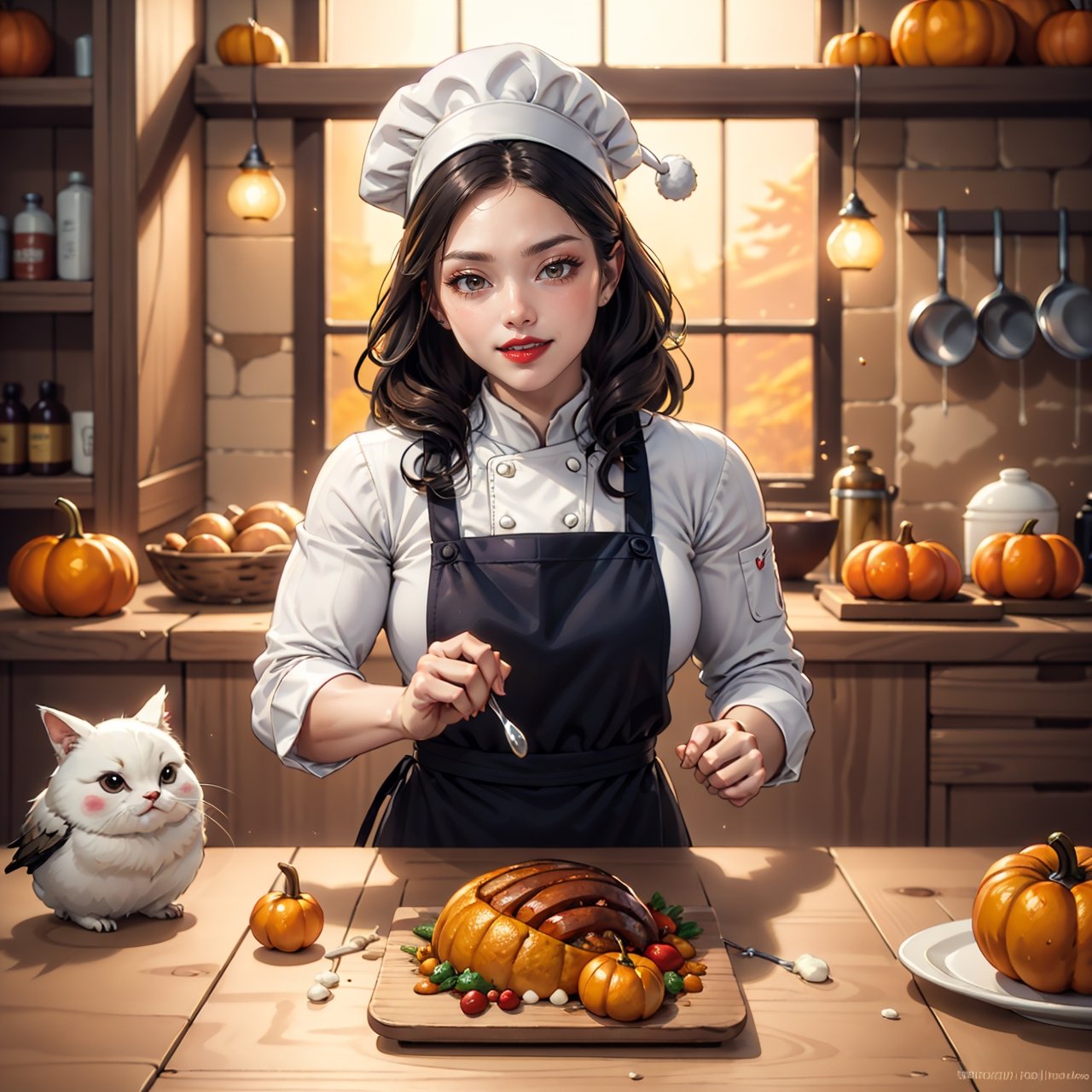 High quality digital artwork, thanksgiving theme. Scene that captures the essence of the holiday, adorable and whimsical muscle girl. Endearing characters engaged in humorous and heartwarming thanksgiving activities, wearing a chef's hat, playfully interacting with charming autumn-themed elements. Warm and vibrant colors to evoke the festive spirit. Drawing art style, funny and very cute visual appeal. Excellent resolution, high quality of professional-grade digital art,Color Booster,More Detail