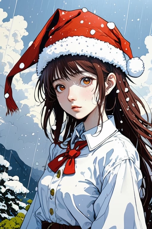 (style of Shintaro Kago:1.3) 
(masterpiece,best quality:1.5),
Band collar shirt,santa_hat,santa_costume, The Oracle of Delphi,Raining, \sword maiden (goblin slayer)\,aw0k euphoric style, 32 year old girl