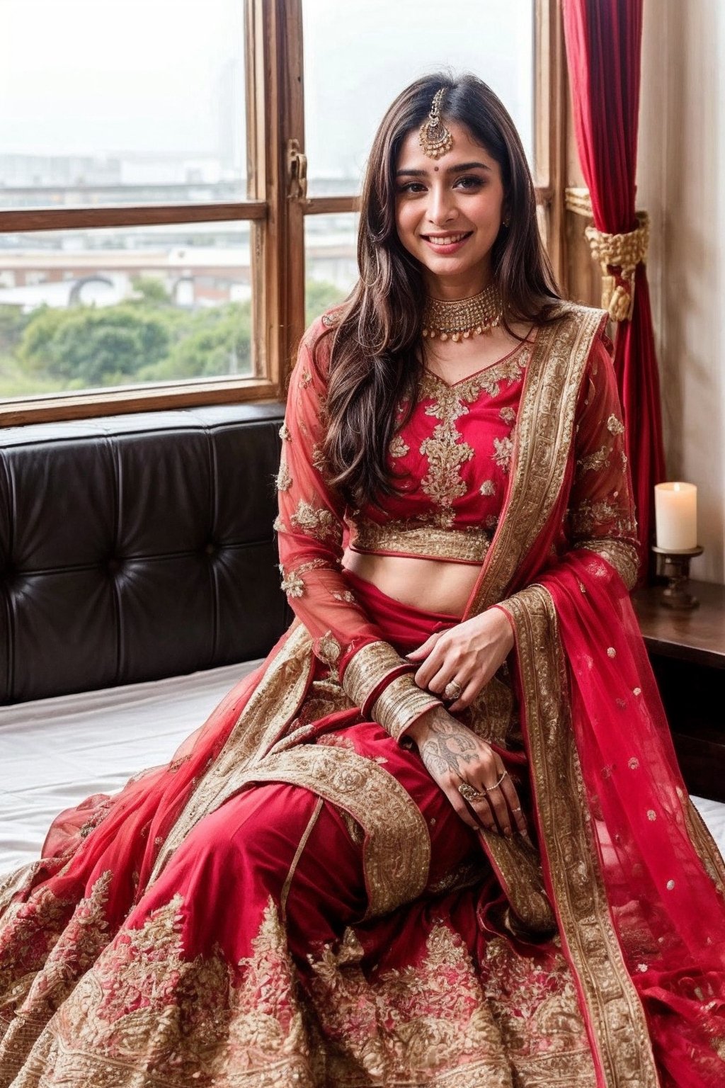 Lovely cute young attractive teenage girl, city girl, 18 years old, cute, an Instagram model, long black_hair, colorful hair one side, shy smile, black red salwar kameez, in hotel rooms with boyfriend ,indian_bride