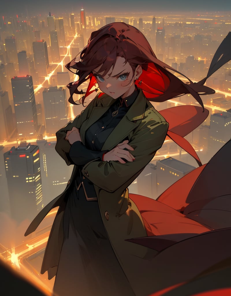 Masterpiece, top quality, high definition, artistic composition, 1 girl, angry, arms crossed, from above, from front, close-up of face, red rouge, golden earrings, dark green jacket, white shirt, night city, city lights, bold composition, powerful