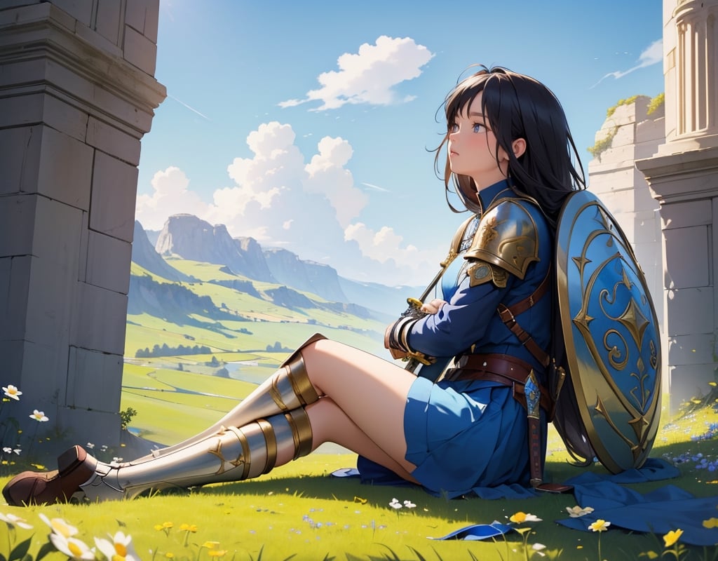 masterpiece, top quality, high definition, artistic composition, 1 girl, fantasy, warrior, (tired), resting, looking up to the heavens, hugging own legs, leaning on a large package, large sword resting, large shield resting, meadow, blue sky, ruins, from the side
