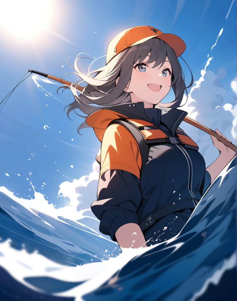 (masterpiece, top quality), high definition, artistic composition, 1 woman, fishing on a boat, smiling, life jacket, fisherman's cap, powerful, splashing waves, open mouth smile, Dutch angle, dramatic