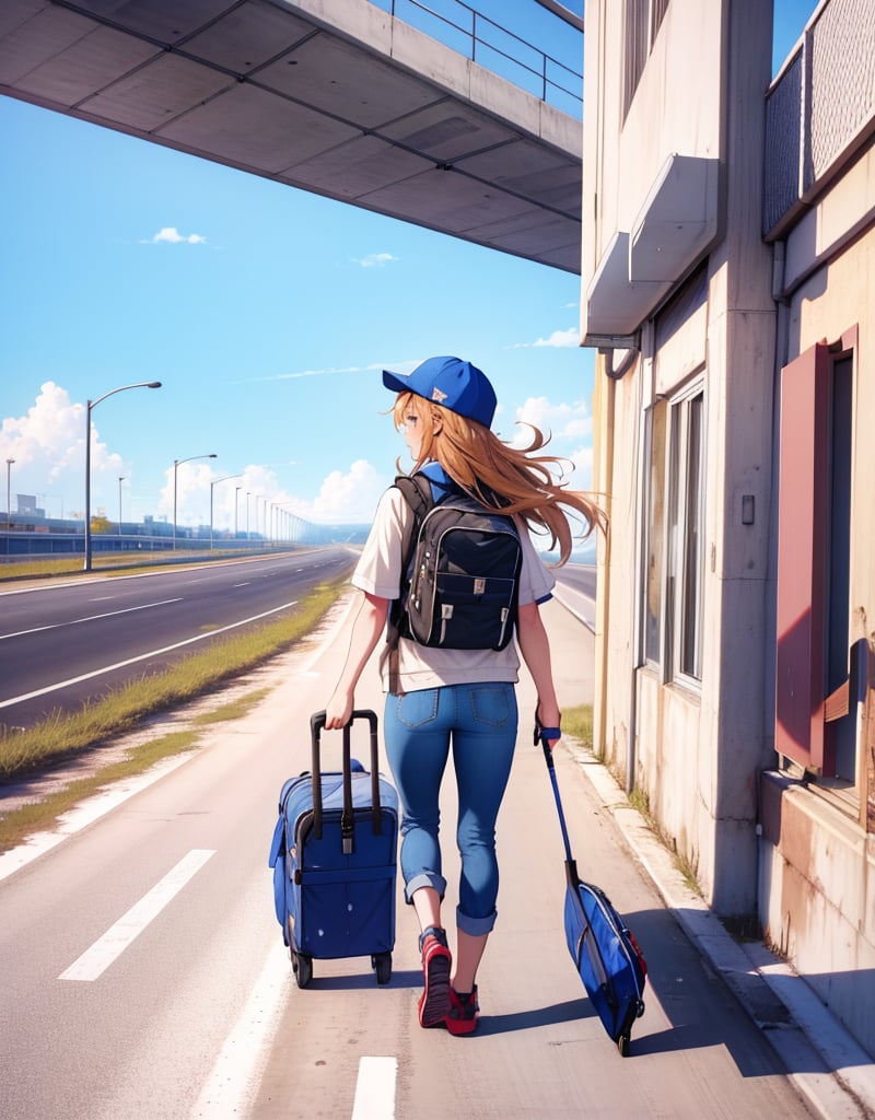 (masterpiece, top quality), high definition, artistic composition, 1 woman, Florida, straight freeway, walking, shimmering, hot, blue sky, perspective, backpacker, khaki cap, wasteland, from behind