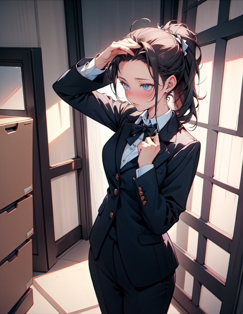 (masterpiece, top quality), high definition, artistic composition, one female, pointing, embarrassed, troubled, collared shirt, business suit, from above, nose blush, broad forehead, hair pulled back, fingers up, office, cute, comedy, animation, reaching, looking away