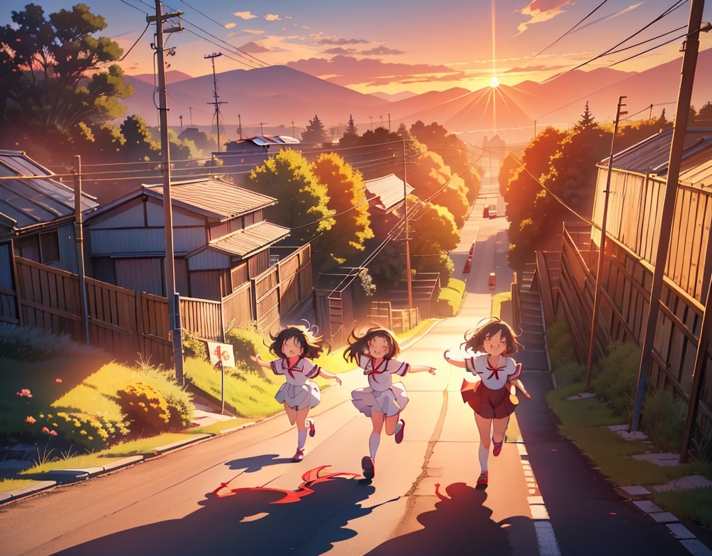 Masterpiece, top quality, high definition, artistic composition, anime, 1960s Japan, downtown, sunset, dirt road, wooden telegraph pole, empty lot, little girls running energetically, excited, smiling, shadow extending on ground, wide shot, bold composition, everyday, impressive light, Showa era landscape