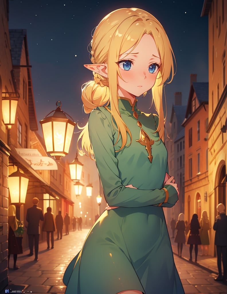 (masterpiece, top quality), high definition, artistic composition, 1 girl, elf, simple viridian tight dress, unadorned, blonde hair, hair tied back, forehead showing, hair touching, medieval town at night, lantern light, blurred background, looking away, blushing, embarrassed