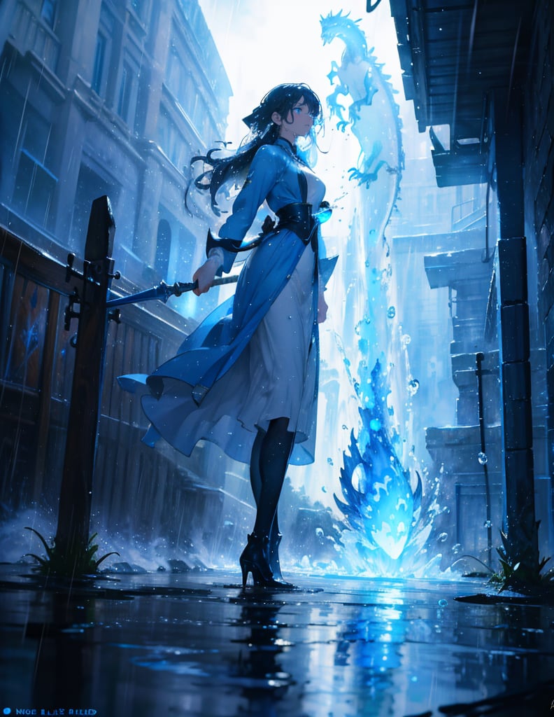 (Masterpiece, Top Quality), High Definition, Artistic Composition, 1 Woman, Blue Wizard, Slender Costume, Cool Magic Wand, Glowing, Serious Face, Standing on Feet, Standing on Toes, Ruined Building District, Water Gushing Out, Water Drops and Light Dancing, Manipulating Water, In Battle, Heavy Rain, Water Smoke, Water Dragon