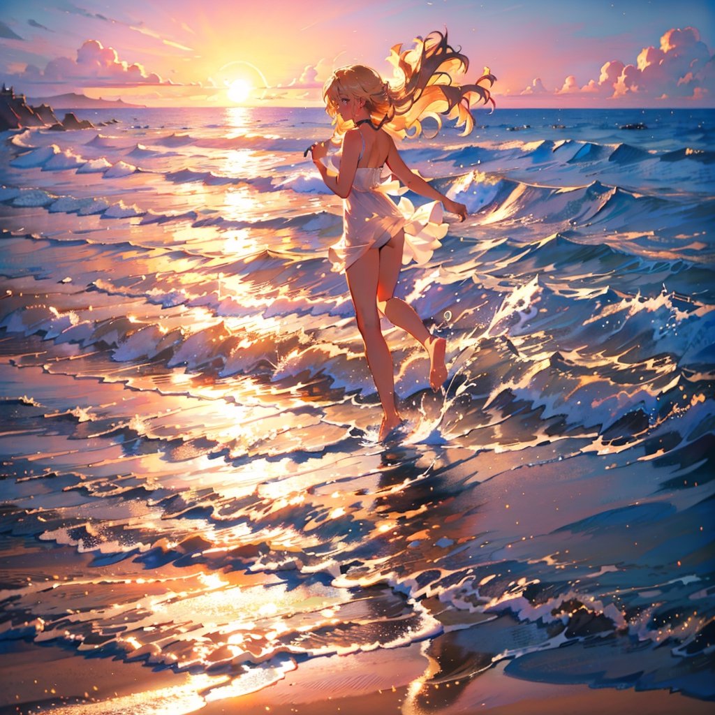 Masterpiece, top quality, high definition, artistic composition, 1 woman, running on the beach, frolicking, smiling, looking away, blonde hair blowing in the wind, feminine gesture, from the side, sandy beach, sunset, golden sea, beautiful light, striking, high contrast