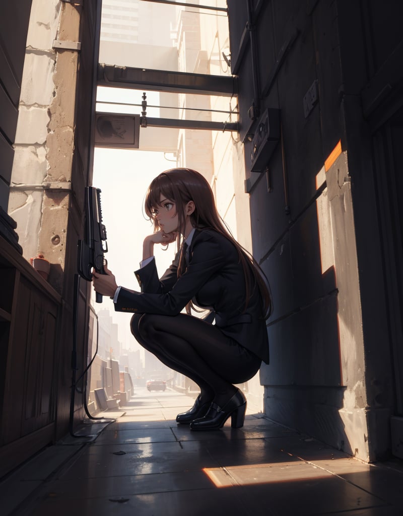 (masterpiece, top quality), high definition, artistic composition, 1 woman, business suit, brown pantyhose, surprised, crouching, building shadow, hold a pistol and take aim, looking away, hiding, suspense, Dutch angle, lower posture