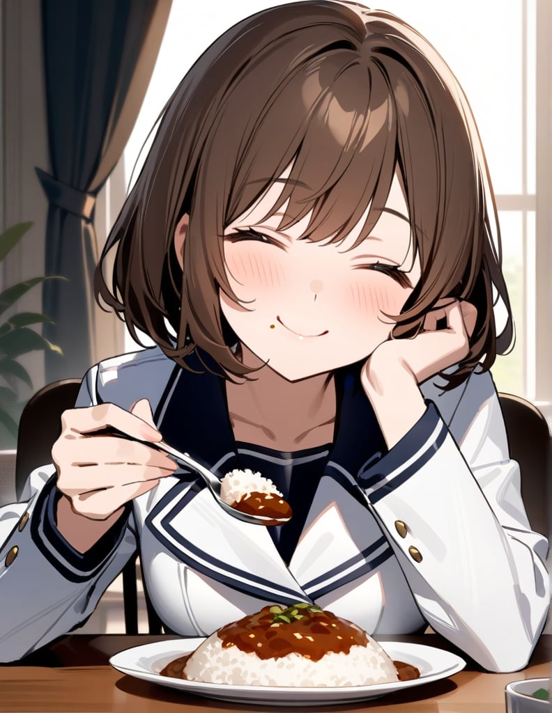 Masterpiece, Top Quality, High Definition, Artistic Composition,1 girl, brown hair, smiling with eyes closed, rapt, blushing, wavy hair in bob cut, white blazer, school uniform, black ribbon across chest, eating curry rice at table, holding spoon, hand on cheek, girlish gestures, Dining table, dining room, portrait, homely