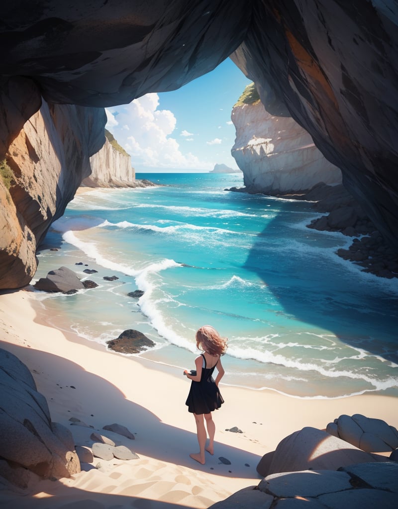 (masterpiece, top quality), high definition, artistic composition, 1 girl, sleeveless dress, bare feet, sandy beach, lapping waves, tunnel made of huge rocks, beautiful natural scene, unusual landscape, surprised, exploring, bold Composition,1girl