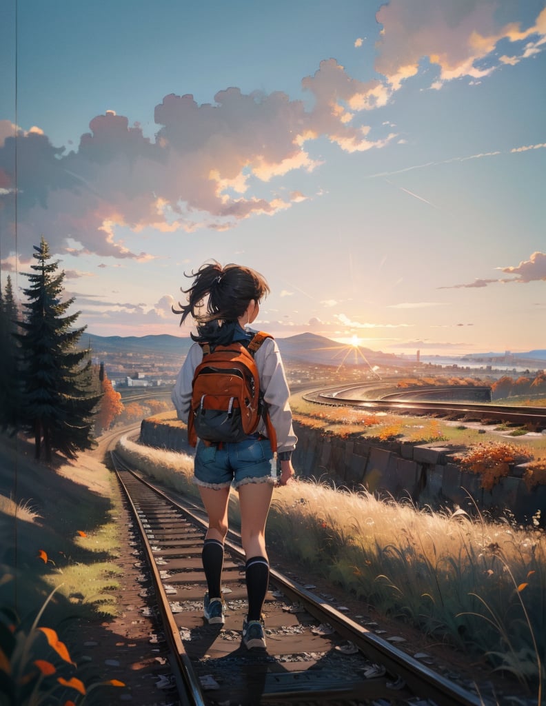 (masterpiece, top quality), high definition, artistic composition, one girl, jersey, shorts, trekking shoes, backpack on her back, walking on railroad tracks, hill, uphill, from the front, long stretch of railroad track, beautiful nature, cityscape in the distance, autumn, bold composition, looking away