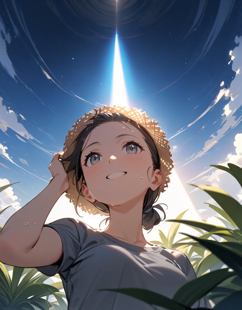 (masterpiece, top quality), high definition, artistic composition, 1 girl, pineapple field, standing tall, wearing gray work clothes, straw hat, holding hoe, looking up to heaven, smiling, wiping sweat from forehead, hair tied back, healthy, striking light, portrait, bold composition, from below, Looking away, full body
