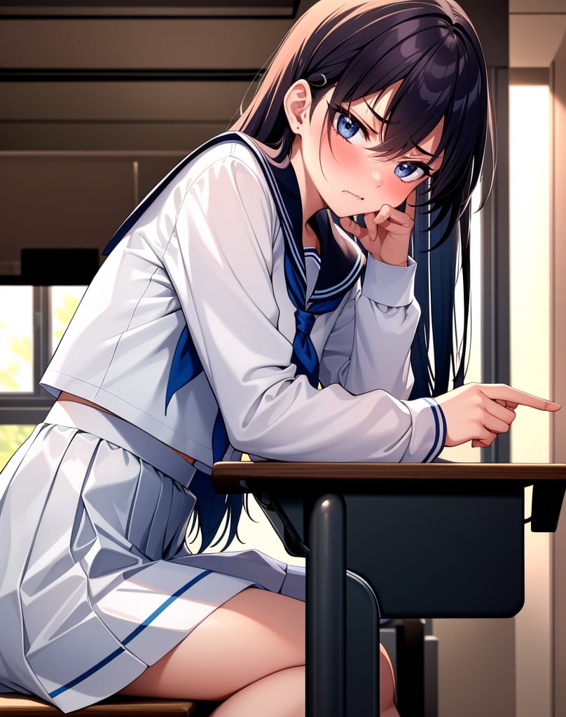 (masterpiece, top quality), high definition, artistic composition, 1 female, angry, staring at me, stupid hair, cute, young, sailor outfit, classroom, seated, hand tapping desk, blushing, from side