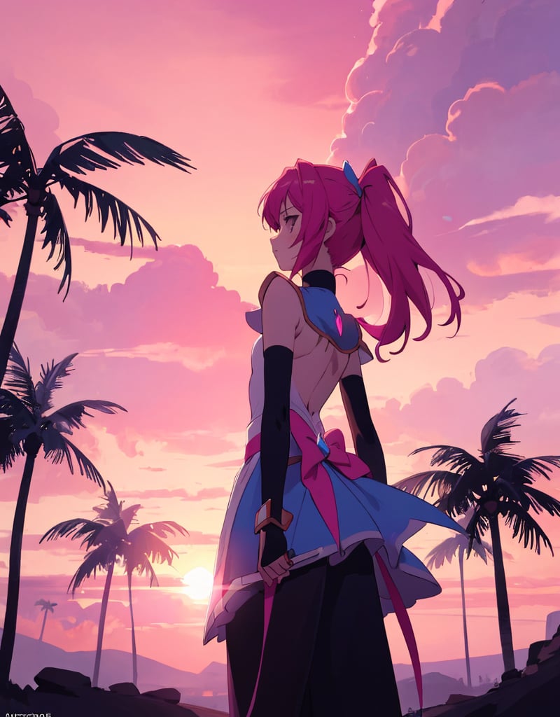 (masterpiece, top quality), high definition, artistic composition, 1 girl, 15 years old, pink magical girl, from behind, palms together in front of chest, looking away, from behind, back visible, sunset, backlit, dirty, tired, suspicious sky color, dramatic, high contrast, wilderness, animation