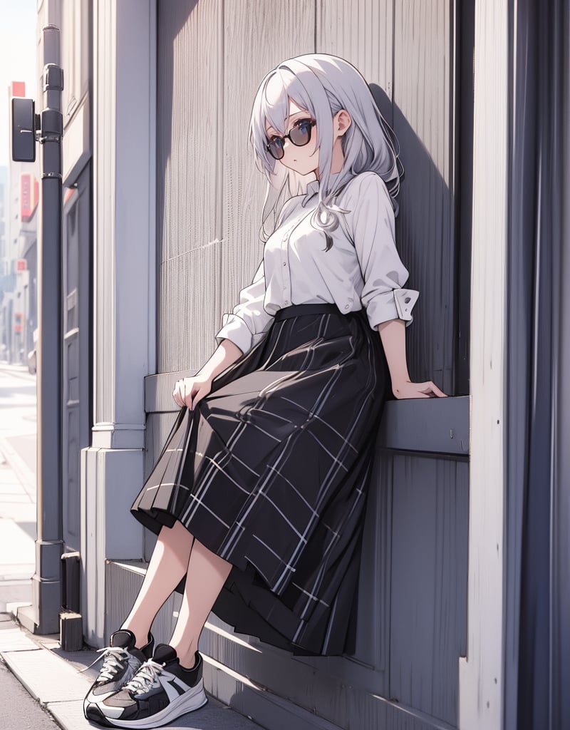 Masterpiece, Top Quality, High Definition, Artistic Composition, One girl, leaning against a wall, waiting for someone, looking away, looking down, smirking, round frame sunglasses, silver hair, black printed shirt, tricolor checkered skirt, black sneakers, casual, Portrait, monotone cityscape, French style, low saturation