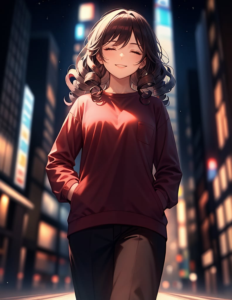 (masterpiece, top quality), high definition, artistic composition, 1 woman, hands in pockets, eyes closed, smiling, looking away, downtown at night, blurred background, red shirt, black easy pants, walking lightly, striking light, dramatic, bold composition, outer curls