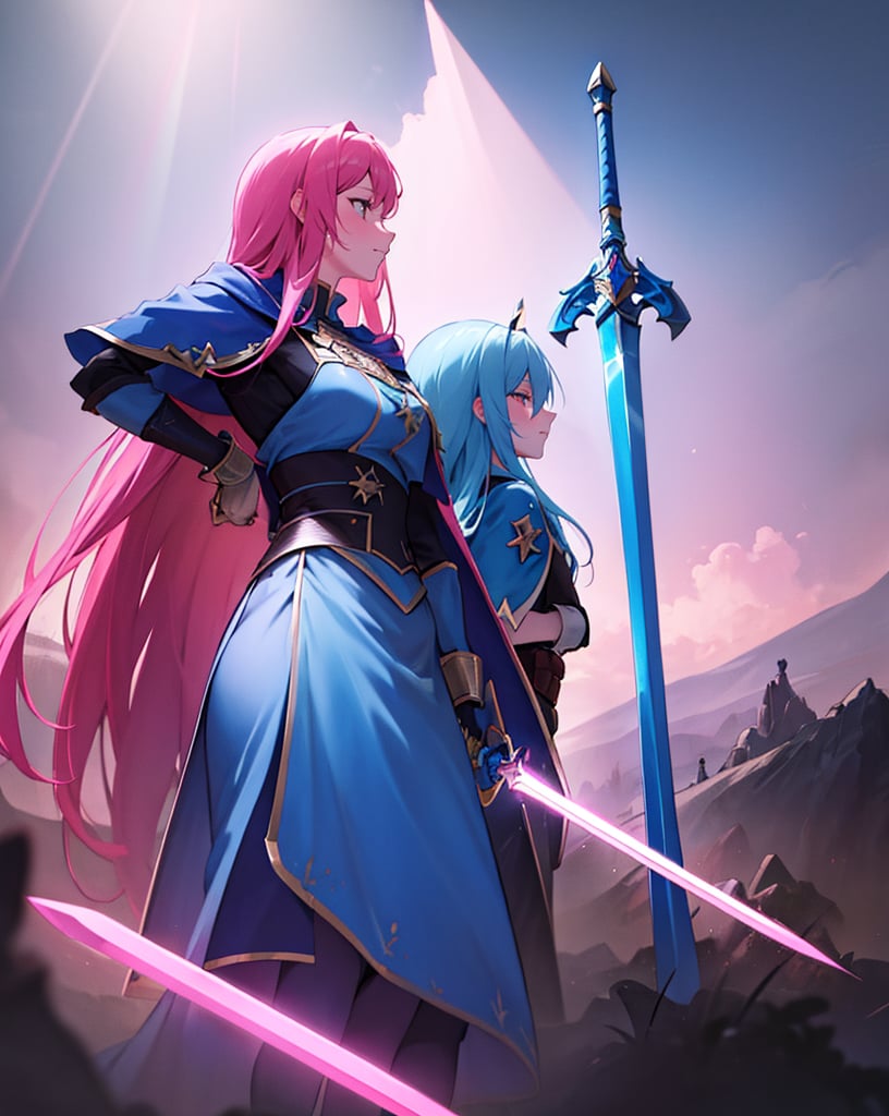 (masterpiece, top quality), high definition, artistic composition, two girls, blue swordsman and pink wizard, stand back to back, hero costume, battlefield, cartoon, holding sword and stick, looking away, tired smile, dirt on clothes, backlit, dramatic, pinch, high contrast, bold composition, from the side, powerful, struggling