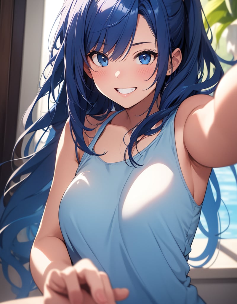 Masterpiece, Top Quality, High Definition, Artistic Composition, 1 girl, smiling with mouth open, pointing towards, close-up of fingertips, light blue tank top, bold composition, reaching out, dark blue hair