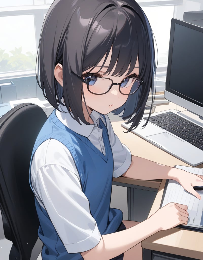 (masterpiece, top quality), high definition, artistic composition, 1 female, childlike, expressionless, large dark rimmed glasses, straight hair, bob cut, operating laptop, looking at me, sitting at desk, office, blue office vest, cutter shirt, somber, desk job, pen and slip on desk