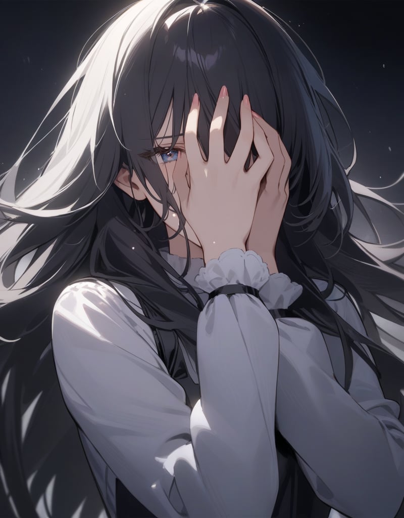 (masterpiece, top quality), high definition, artistic composition, 1 woman, crying, hand covering face, tears, screaming, black hair, long hair, hair disheveled, dramatic, somber clothing, dark background