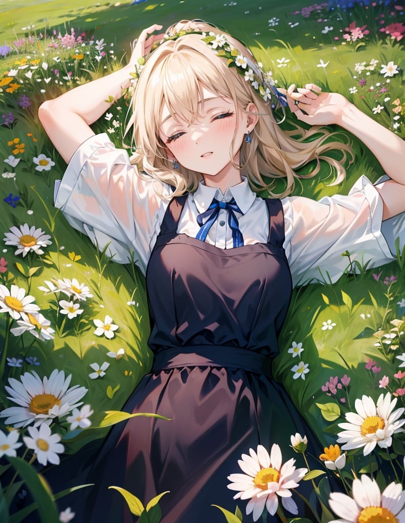 Masterpiece, Top quality, High definition, Artistic composition, 1 girl, lying in clover field, from above, eyes closed, smiling, hands behind head, Dutch angle, upper body, clover flowers, warm, pleasant, resting