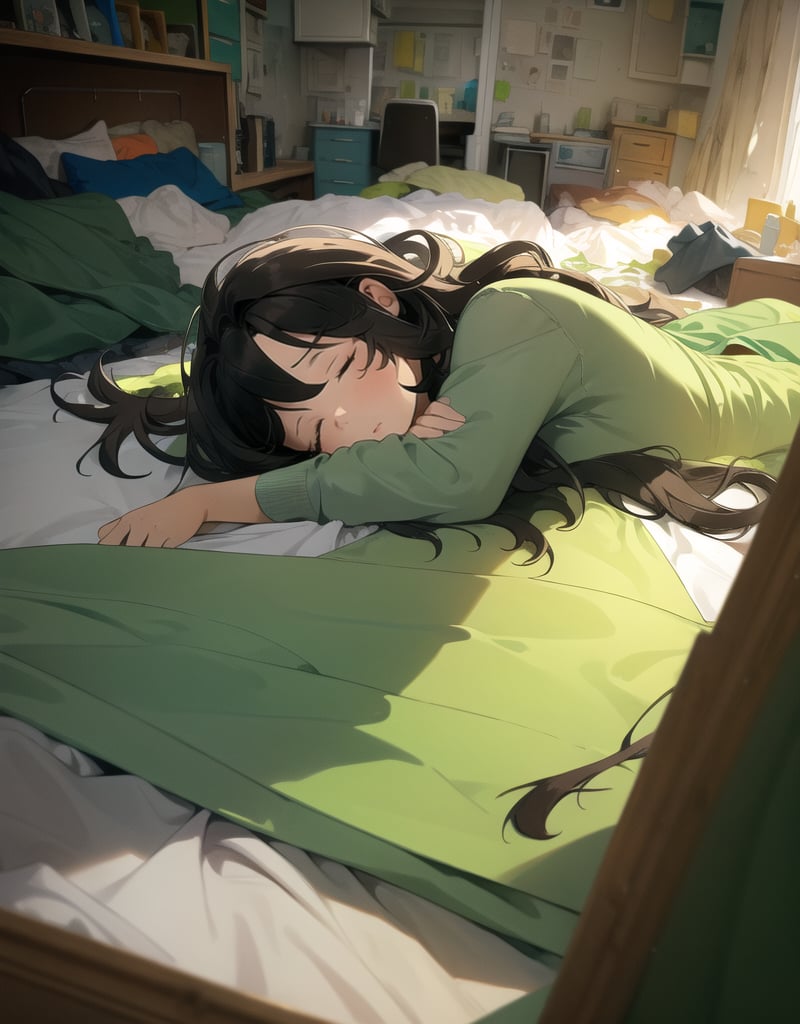 Masterpiece, Top quality, High definition, Artistic composition,1 girl, lying on the floor, on top, green jersey, hair disheveled, sleepy, dirty room, dirty room, messy room, lived in, dark room,breakdomain