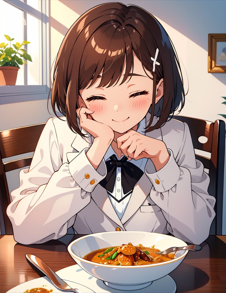 Masterpiece, Top Quality, High Definition, Artistic Composition,1 girl, brown hair, smiling with eyes closed, rapt, blushing, wavy hair in bob cut, white blazer, school uniform, black ribbon across chest, eating curry rice at table, holding spoon, hand on cheek, girlish gestures, Dining table, dining room, portrait, homely