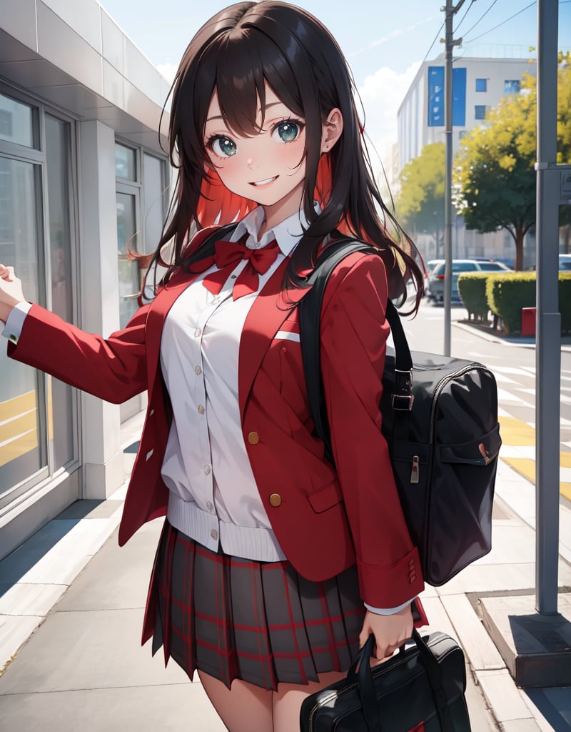 (Masterpiece, Top Quality), High Definition, Artistic Composition, 1 girl, red blazer, white shirt, black ribbon, green checked skirt, school uniform, school uniform, smiling, from front, holding school bag with both hands, smiling with narrowed eyes, schoolbag, schoolbag, portrait, spinning