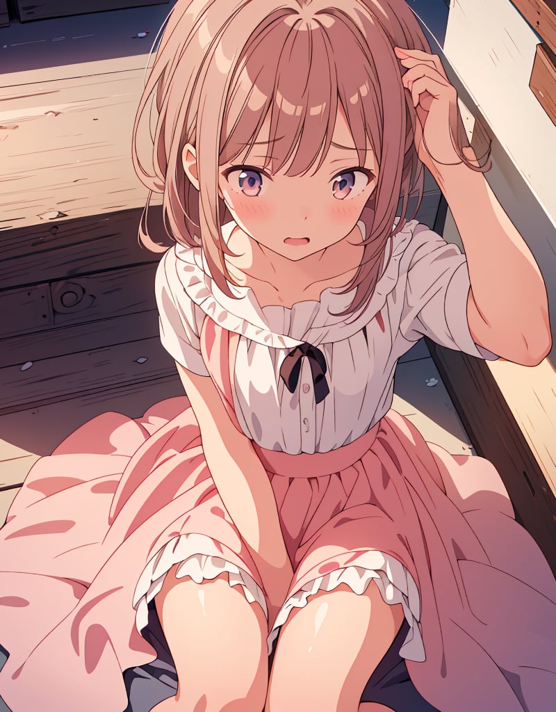 (Masterpiece, Top Quality), High Definition, Artistic Composition, 1 girl, 10 years old, younger sister, prone, troubled, mouth agape, gaze down, composition from above, hands in front of chest, blushing, pretty clothes, frilly skirt, hands on head, being patted, looking away