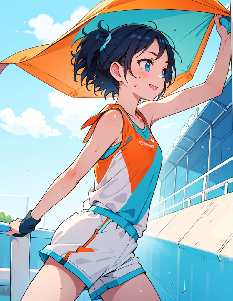 Masterpiece, Top quality, High definition, Artistic composition, One girl, front view, track, cyan and orange sportswear, smiling, sweating, sports towel, looking away, short hair, bold composition