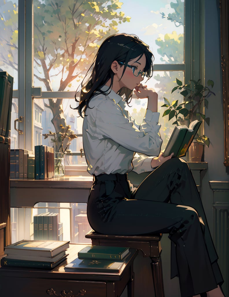 Masterpiece, Top Quality, High Definition, Artistic Composition, One Woman, Black Rimmed Glasses, Dark Hair, Ennui, Sitting, Desk, Reading Hardcover Book, Intellectual, Calm, White Shirt, Black Pants, Library, Window Seat, Cold Light, Tree Green, From Side, Morning, Bust Shot,girl