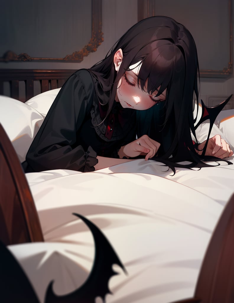 (masterpiece, top quality), high definition, artistic composition, 1 girl, dark hair, gothic, sleeping on bed, suffering, sweating, (devil standing by), frightening, horror, dark, overhedshot,.